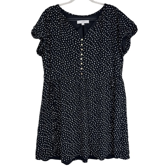 LOFT Dress Womens Large Black White Floral Button Front Short Sleeve Lined - Picture 1 of 10